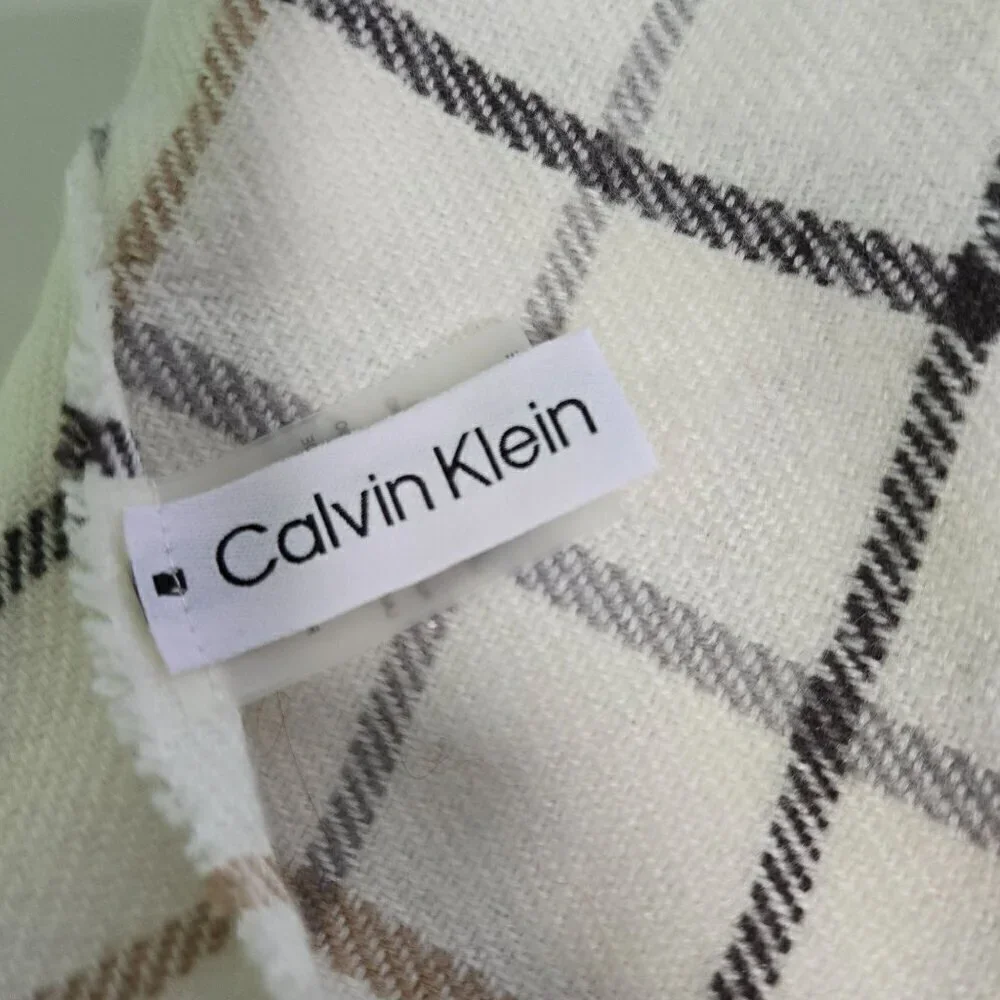 Calvin Klein Cream Plaid Neutral Fringe Scarf